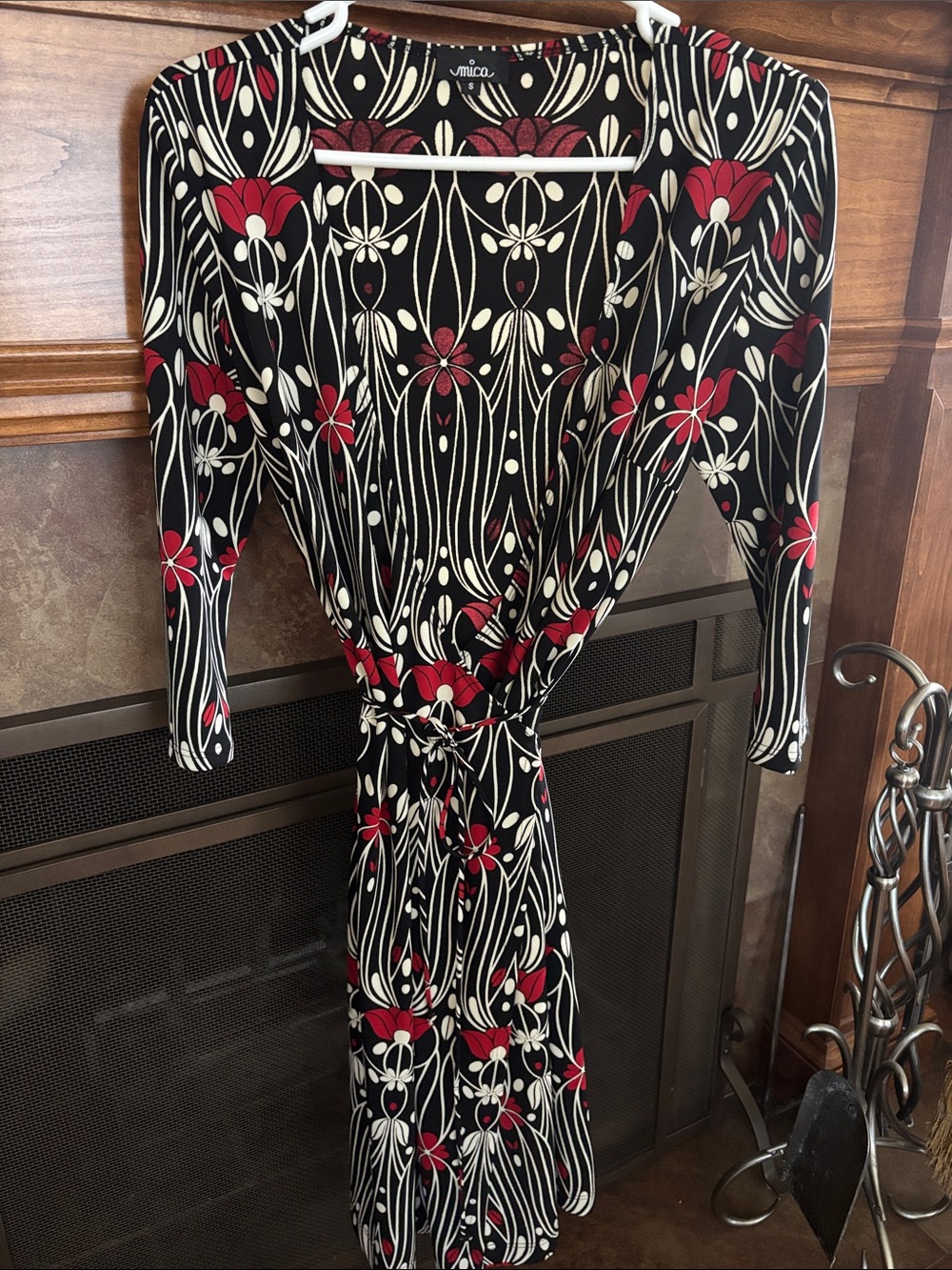 Mica Black and Red Tulip Floral Midi Wrap Dress with Cream Detail